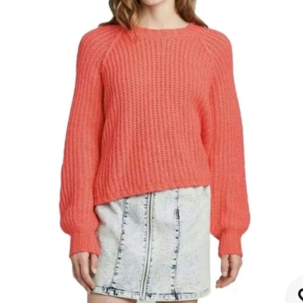 Womens Oversized Raglan Crew Neck Sweater Balloon Sleeve Bright Coral Size S